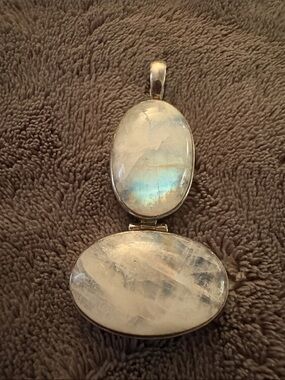 Silver Moonstone Double Oval Pendant - White/Blue Sheen